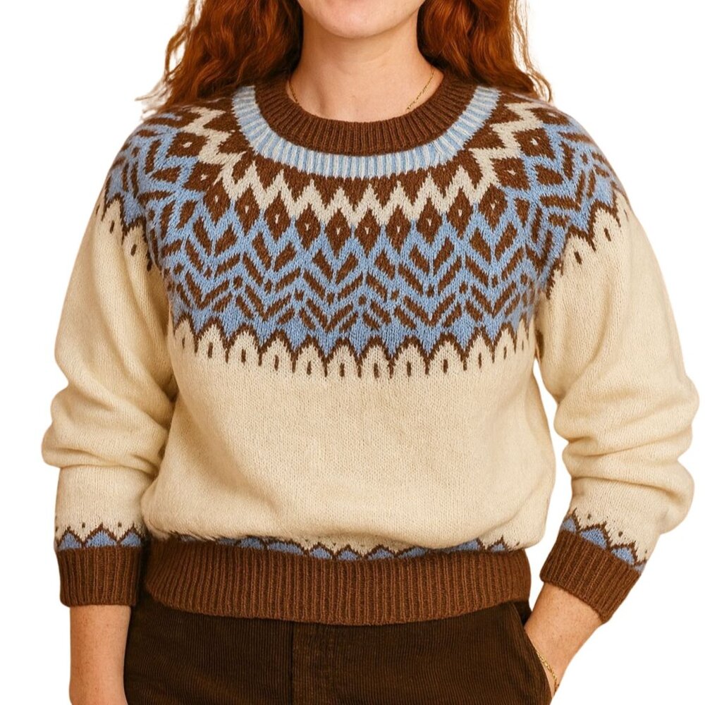 Retro Tribal Pattern Sweater Sz XL Brown Blue Cream Knit Pullover Vintage Style - Picture 9 of 11